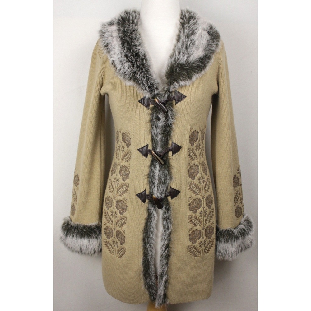Bebe Faux Fur Trim Sweater Coat Toggle Cardigan Boho Y2K Beige Womens M Fitted